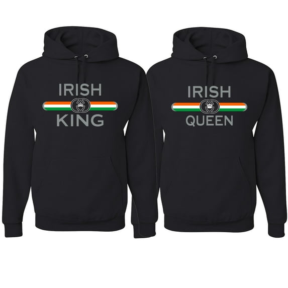Wild Bobby, Irish King Queen Classic Ireland Pride His and Hers Matching Couples Hoodies Sweatshirt Set, Black, Mens 2XL-Womens M