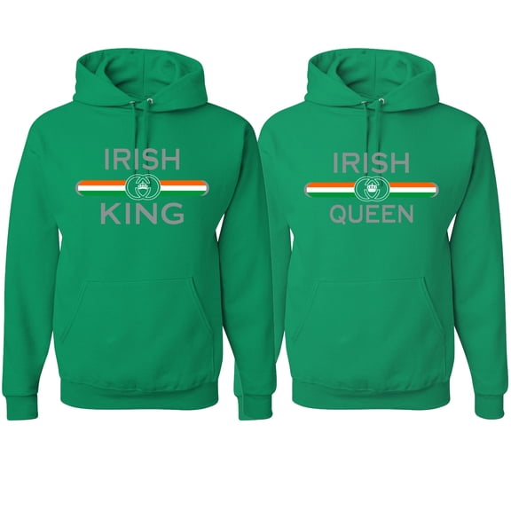 Wild Bobby, Irish King Queen Classic Ireland Pride His and Hers Matching Couples Hoodies Sweatshirt Set, Kelly, Mens 2XL-Womens XL