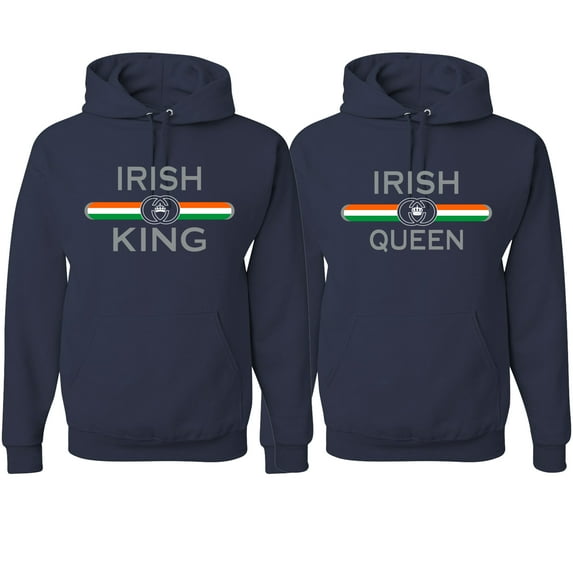 Wild Bobby, Irish King Queen Classic Ireland Pride His and Hers Matching Couples Hoodies Sweatshirt Set, Navy, Mens 3XL-Womens 2XL