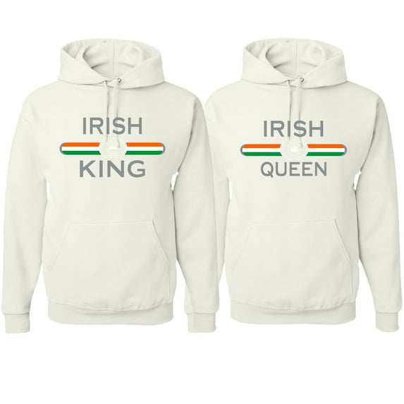 Wild Bobby, Irish King Queen Classic Ireland Pride His and Hers Matching Couples Hoodies Sweatshirt Set, White, Mens L-Womens S
