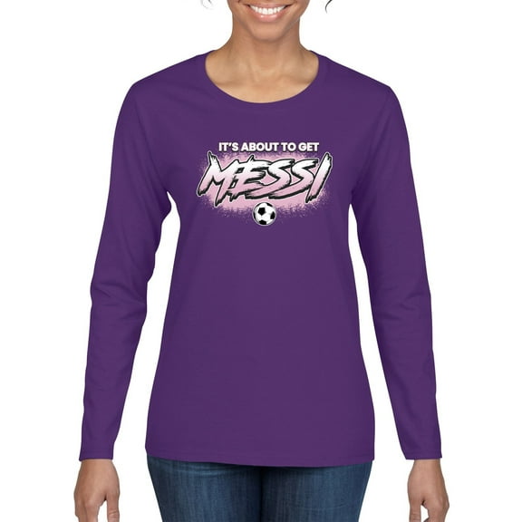 Wild Bobby It's About To Get Miami Soccer GOAT Sports Women Graphic Long Sleeve Tee, Purple, X-Large