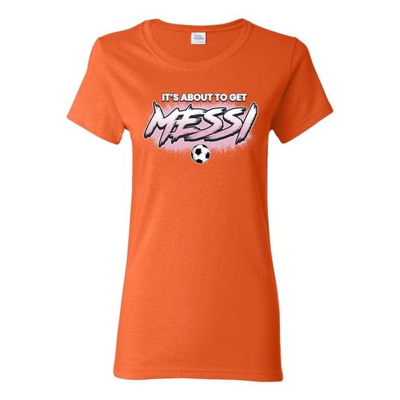 Wild Bobby It's About To Get Miami Soccer GOAT Sports Women Graphic Tee, Orange, Large