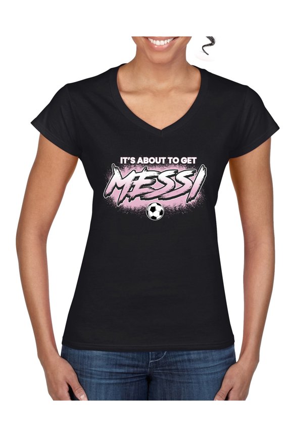 It's About To Get Miami Soccer GOAT Sports Women Standard V-Neck Tee, Black, Small