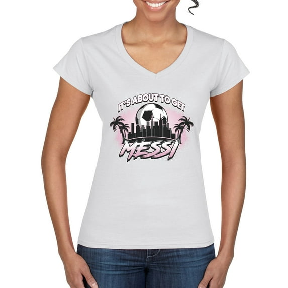 Wild Bobby It's About To Get Miami Soccer Skyline Sports Women Standard V-Neck Tee, White, Medium