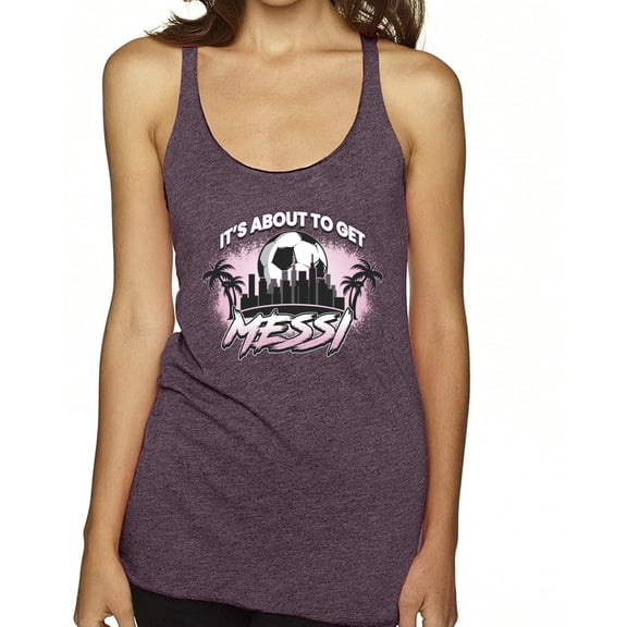 Wild Bobby It's About To Get Miami Soccer Skyline Sports Women Tri-Blend Racerback Tank Top, Purple Vintage, Small