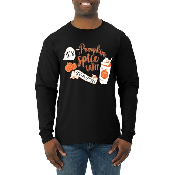 Wild Bobby It's Pumpkin Spice Latte Season Orange Black and White Halloween Men Long Sleeve Shirt, Black, 3X-Large