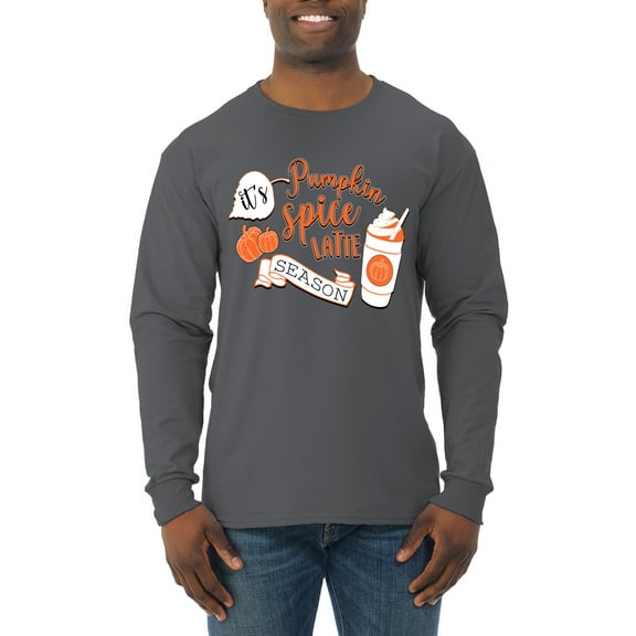 Wild Bobby It's Pumpkin Spice Latte Season Orange Black and White Halloween Men Long Sleeve Shirt, Charcoal, Medium