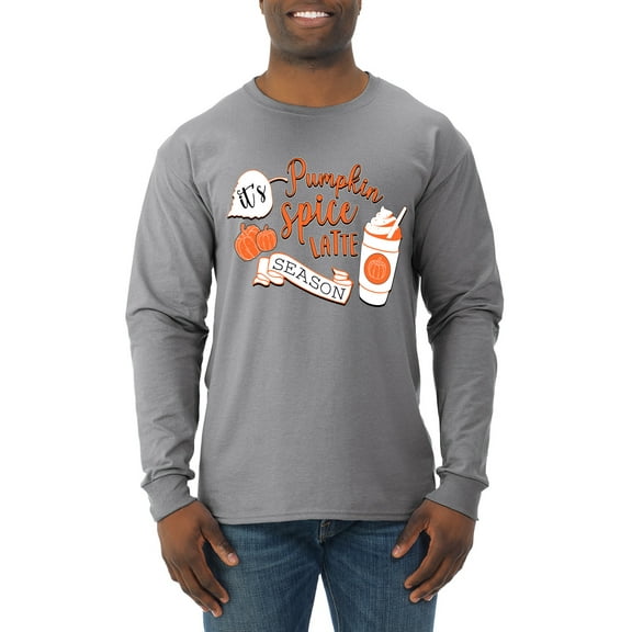Wild Bobby It's Pumpkin Spice Latte Season Orange Black and White Halloween Men Long Sleeve Shirt, Heather Grey, Medium