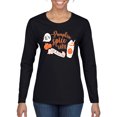 thumbnail image 1 of Wild Bobby It's Pumpkin Spice Latte Season Orange Black and White Halloween Women Graphic Long Sleeve Tee, Black, Small, 1 of 6