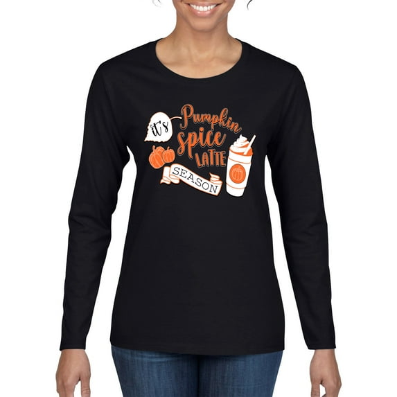 Wild Bobby It's Pumpkin Spice Latte Season Orange Black and White Halloween Women Graphic Long Sleeve Tee, Black, Small