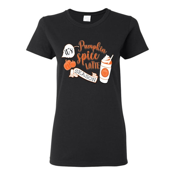 Wild Bobby It's Pumpkin Spice Latte Season Orange Black and White Halloween Women Graphic Tee, Black, X-Large