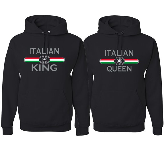 Wild Bobby, Italian King Queen Classic Italy Pride His and Hers Matching Couples Hoodies Sweatshirt Set, Black, Mens M-Womens S