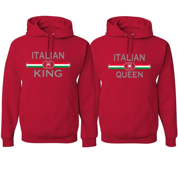 Wild Bobby, Italian King Queen Classic Italy Pride His and Hers Matching Couples Hoodies Sweatshirt Set, Red, Mens 2XL-Womens M