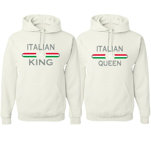 Wild Bobby, Italian King Queen Classic Italy Pride His and Hers Matching Couples Hoodies Sweatshirt Set, White, Mens 3XL-Womens XL