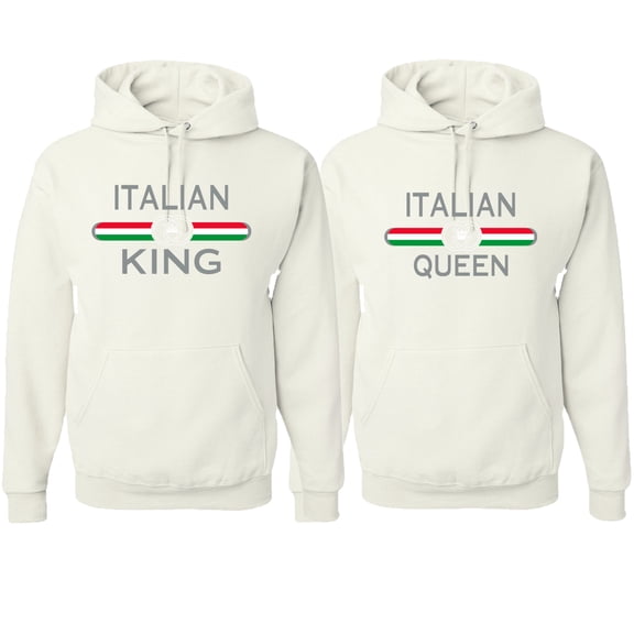 Wild Bobby, Italian King Queen Classic Italy Pride His and Hers Matching Couples Hoodies Sweatshirt Set, White, Mens M-Womens S
