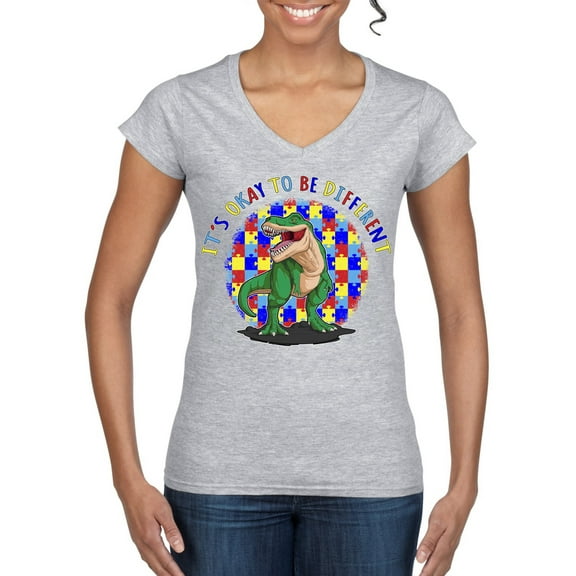 Wild Bobby Its Okay to Be Different | Dinosaur Autism Awareness Women Standard V-Neck Tee