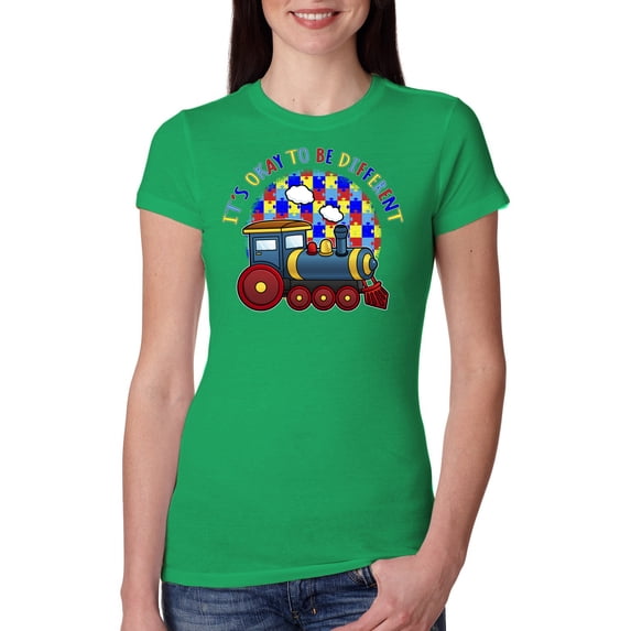Wild Bobby Its Okay to Be Different | Train Autism Awareness Women Slim Fit Junior Tee
