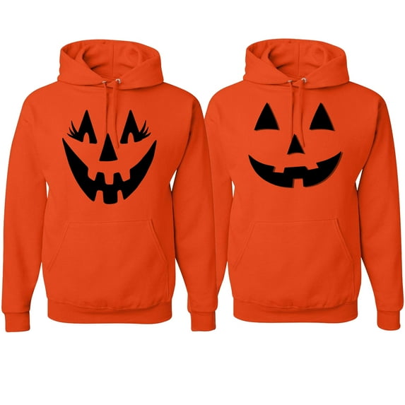 Wild Bobby, Jack O Lantern Eyelashes Pumpkin Face His/Her Couples/ Best Friends Matching Couples Hoodie, Orange, Mens M-Womens S