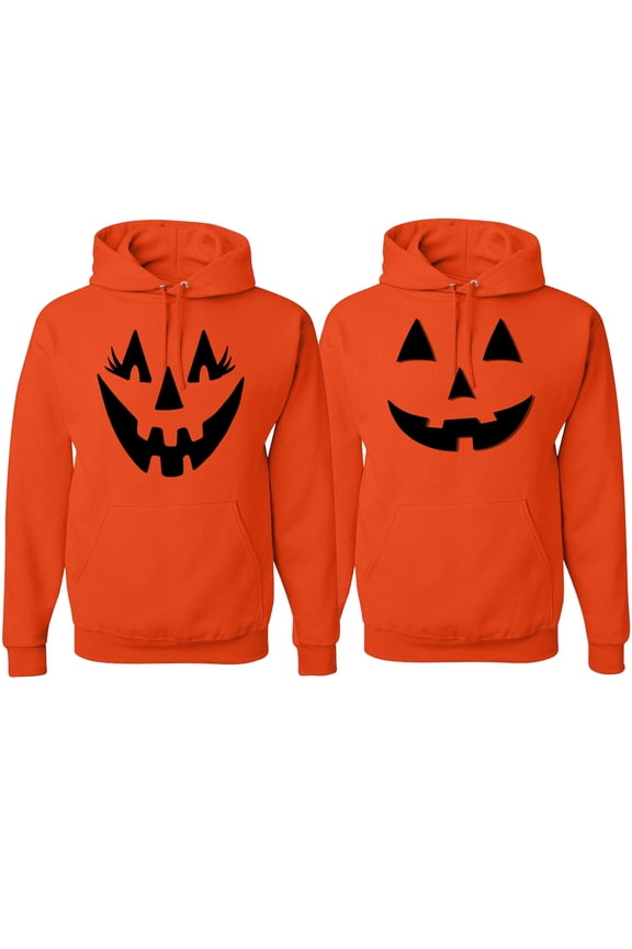 , Jack O Lantern Eyelashes Pumpkin Face His/Her Couples/ Best Friends Matching Couples Hoodie, Orange, Mens S-Womens M