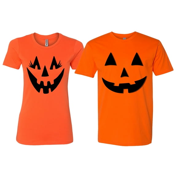 Wild Bobby, Jack O Lantern Eyelashes Pumpkin Face His/Her Couples/ Best Friends Matching Couples Tee, Orange, Mens 2XL-Womens 3XL
