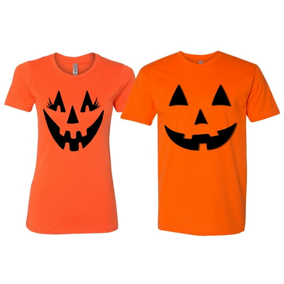 Wild Bobby, Jack O Lantern Eyelashes Pumpkin Face His/Her Couples/ Best Friends Matching Couples Tee, Orange, Mens S-Womens S