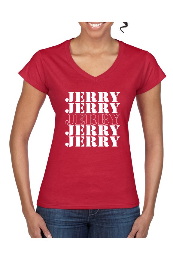 Jerry Springer 90's TV Talk Show Host Jerry Jerry Chant Famous People Women’s Standard V-Neck Tee, Red, Small