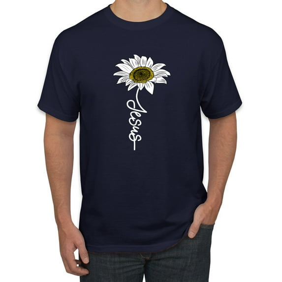 Wild Bobby Jesus Flower Script Inspirational/Christian Men Graphic Tee, Navy, X-Large