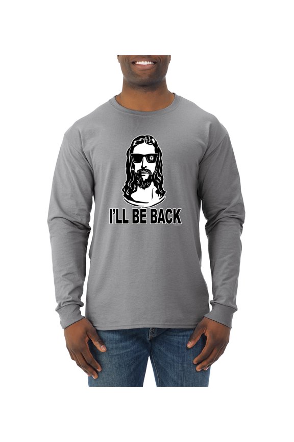 Jesus: Ill Be Back Inspirational/Christian Men Long Sleeve Shirt, Heather Grey, Small