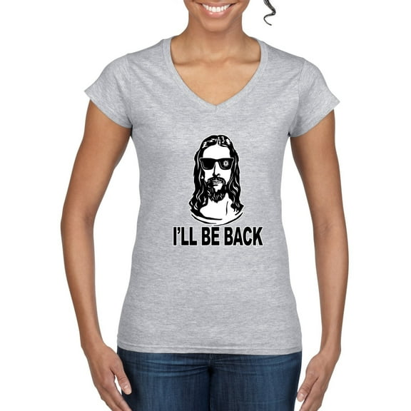 Wild Bobby Jesus: Ill Be Back Inspirational/Christian Women Standard V-Neck Tee, Heather Grey, Medium