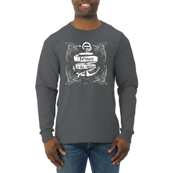 Wild Bobby, Jesus Is The Anchor Of My Life, Inspirational/Christian, Men Long Sleeve Shirt, Charcoal, Small