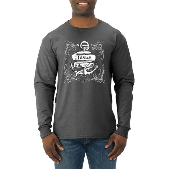 Wild Bobby, Jesus Is The Anchor Of My Life, Inspirational/Christian, Men Long Sleeve Shirt, Heather Black, Large