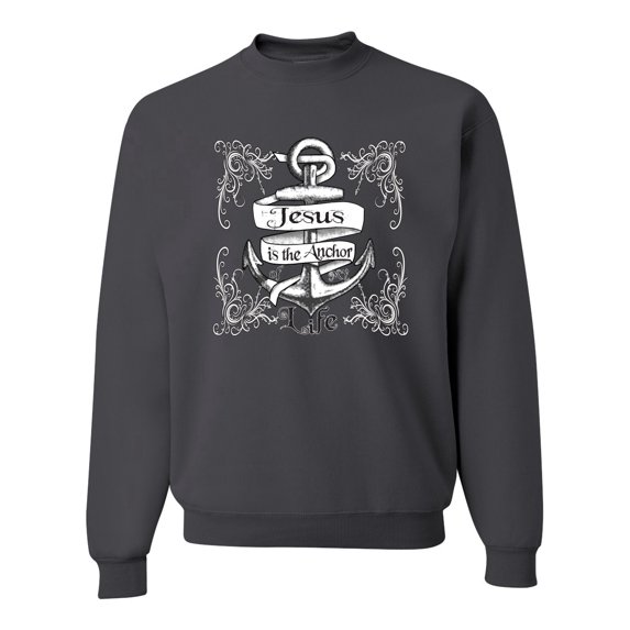 Wild Bobby, Jesus Is The Anchor Of My Life, Inspirational/Christian, Unisex Crewneck Graphic Sweatshirt, Charcoal, 3X-Large
