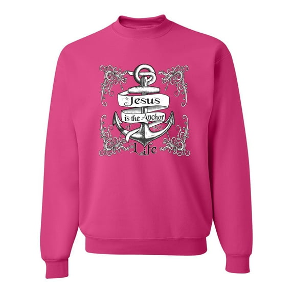 Wild Bobby, Jesus Is The Anchor Of My Life, Inspirational/Christian, Unisex Crewneck Graphic Sweatshirt, Fuschia, Large