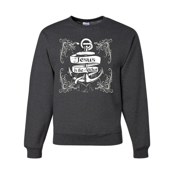 Wild Bobby, Jesus Is The Anchor Of My Life, Inspirational/Christian, Unisex Crewneck Graphic Sweatshirt, Heather Black, Medium