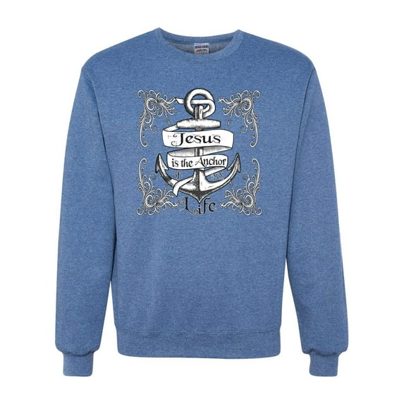 Wild Bobby, Jesus Is The Anchor Of My Life, Inspirational/Christian, Unisex Crewneck Graphic Sweatshirt, Vintage Heather Blue, X-Large