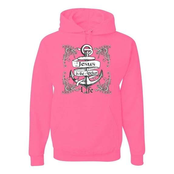 Wild Bobby, Jesus Is The Anchor Of My Life, Inspirational/Christian, Unisex Graphic Hoodie Sweatshirt, Neon Pink, X-Large