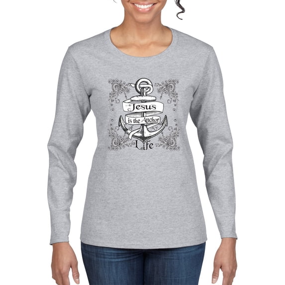 Wild Bobby, Jesus Is The Anchor Of My Life, Inspirational/Christian, Women Graphic Long Sleeve Tee, Heather Grey, Small