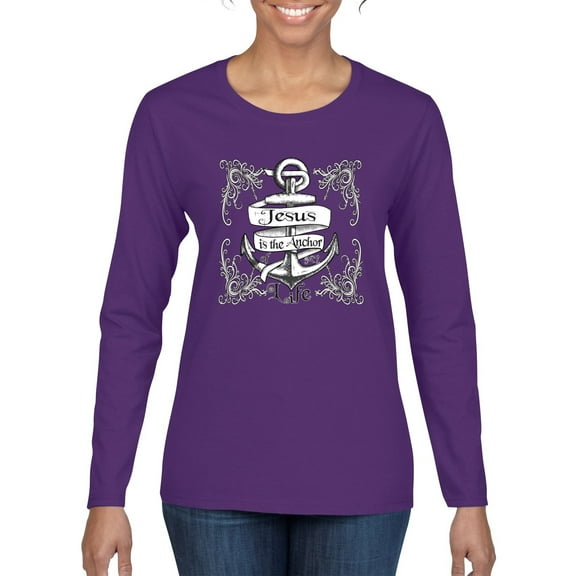 Wild Bobby, Jesus Is The Anchor Of My Life, Inspirational/Christian, Women Graphic Long Sleeve Tee, Purple, Large