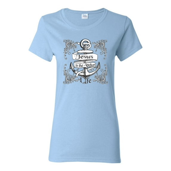 Wild Bobby, Jesus Is The Anchor Of My Life, Inspirational/Christian, Women Graphic Tee, Light Blue, Small