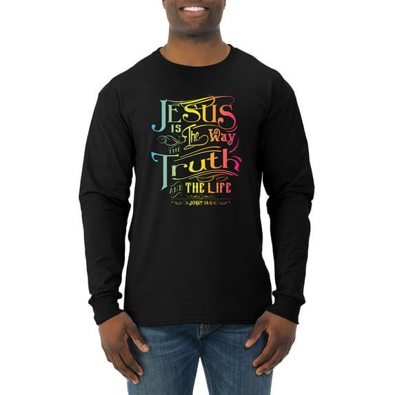 Wild Bobby, Jesus Is The Way John 14:6 Bible Verse, Inspirational/Christian, Men Long Sleeve Shirt, Black, 3XL