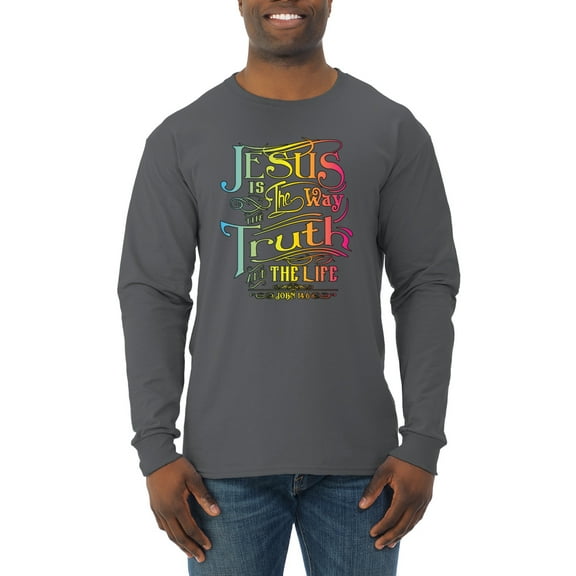 Wild Bobby, Jesus Is The Way John 14:6 Bible Verse, Inspirational/Christian, Men Long Sleeve Shirt, Charcoal, X-Large