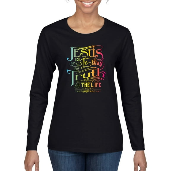 Wild Bobby, Jesus Is The Way John 14:6 Bible Verse, Inspirational/Christian, Women Graphic Long Sleeve Tee, Black, Small