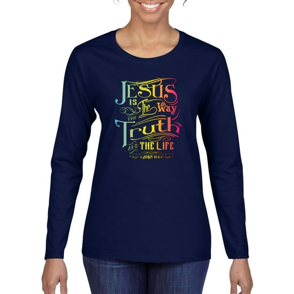 Wild Bobby, Jesus Is The Way John 14:6 Bible Verse, Inspirational/Christian, Women Graphic Long Sleeve Tee, Navy, Large