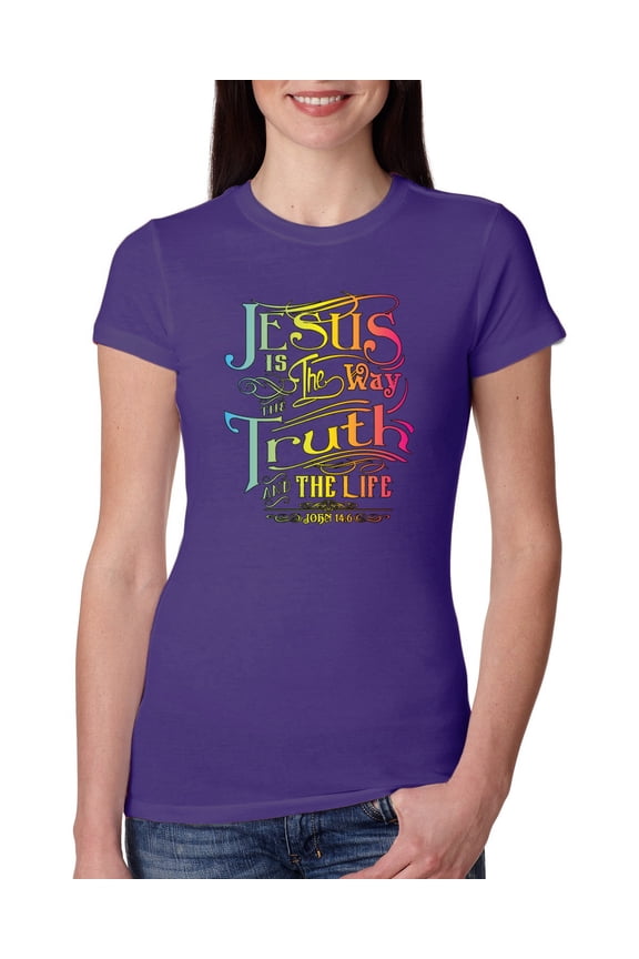 , Jesus Is The Way John 14:6 Bible Verse, Inspirational/Christian, Women Slim Fit Junior Tee, Purple Rush, Large