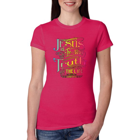 Wild Bobby, Jesus Is The Way John 14:6 Bible Verse, Inspirational/Christian, Women Slim Fit Junior Tee, Raspberry, Large
