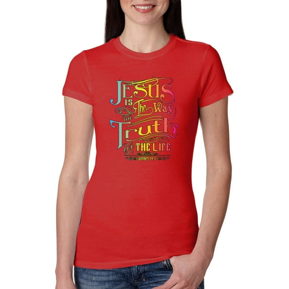 Wild Bobby, Jesus Is The Way John 14:6 Bible Verse, Inspirational/Christian, Women Slim Fit Junior Tee, Red, Large