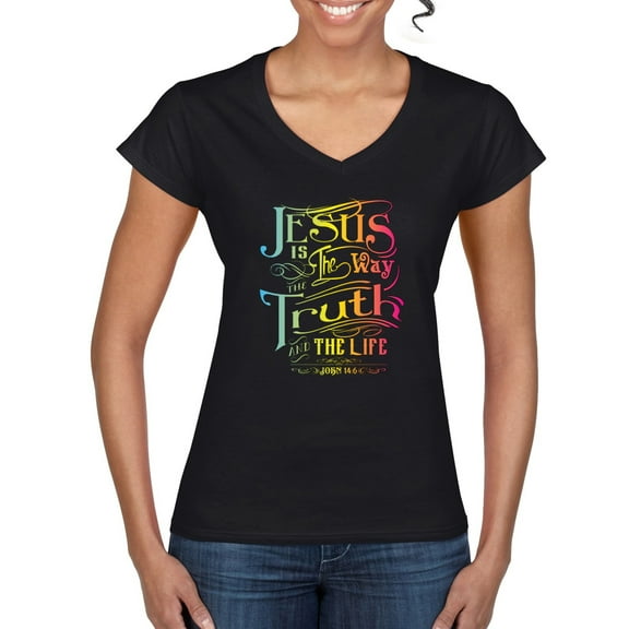 Wild Bobby, Jesus Is The Way John 14:6 Bible Verse, Inspirational/Christian, Women Standard V-Neck Tee, Black, Small