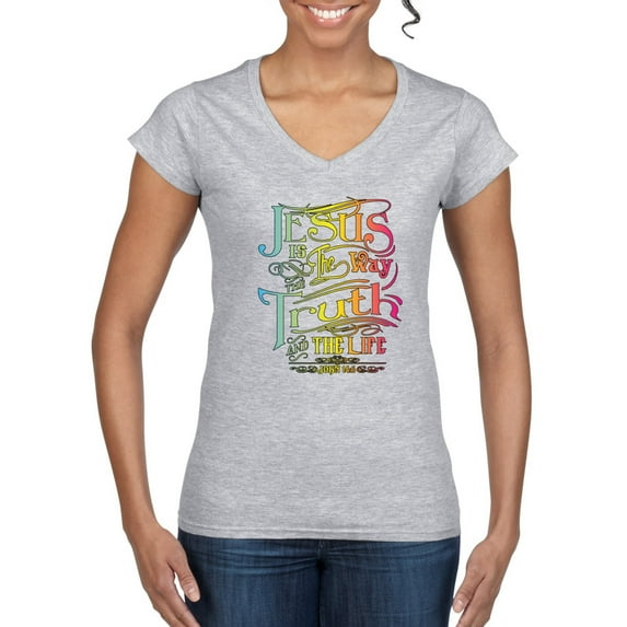 Wild Bobby, Jesus Is The Way John 14:6 Bible Verse, Inspirational/Christian, Women Standard V-Neck Tee, Heather Grey, Large