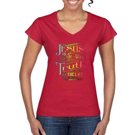 Wild Bobby, Jesus Is The Way John 14:6 Bible Verse, Inspirational/Christian, Women Standard V-Neck Tee, Red, Large