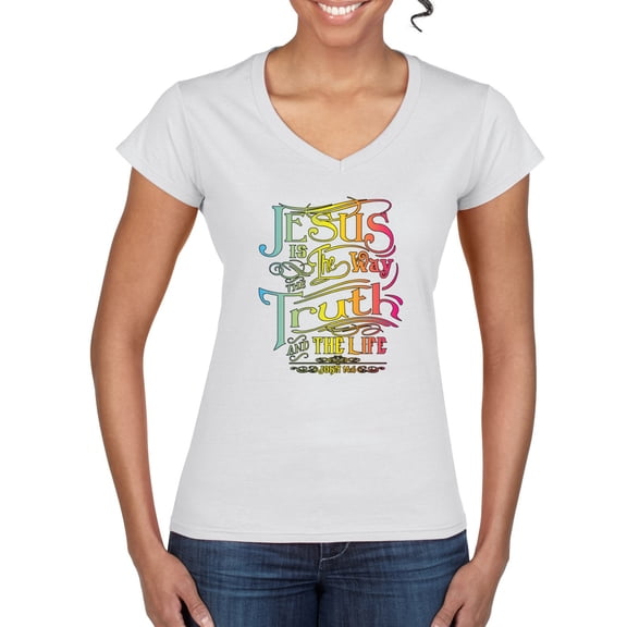 Wild Bobby, Jesus Is The Way John 14:6 Bible Verse, Inspirational/Christian, Women Standard V-Neck Tee, White, X-Large